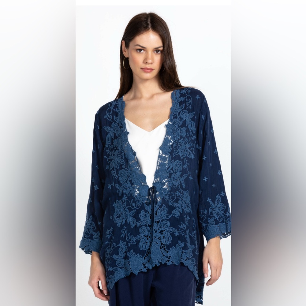 Johnny Was Navy Blue Embroidered Tie-Front Kimono